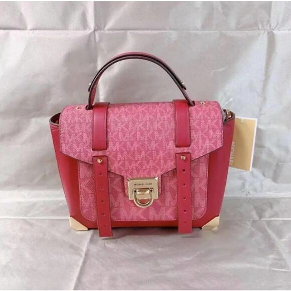 Michael Kors 35F1GNCS6V Manhattan Medium Leather and Logo Satchel in Berry Multi - Picture 3 of 7